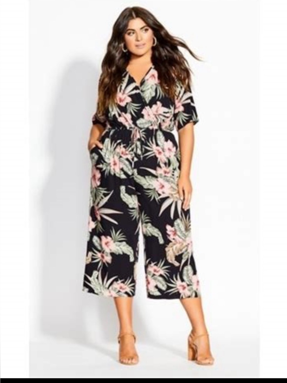 City Chic Black Floral V-Neck Culotte Jumpsuit